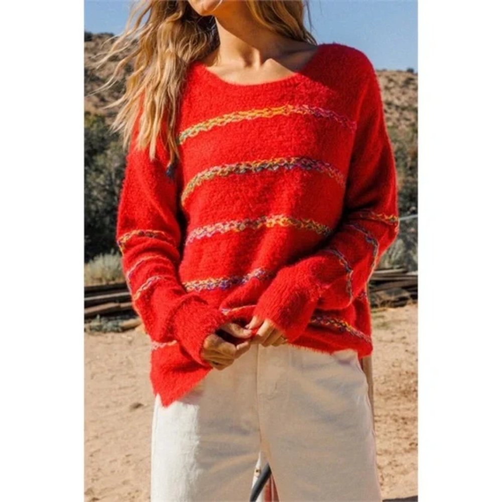 🆕️❤️NWT Comfy Tunic Style Striped Red Sweater by Ces Femmes. Size Large